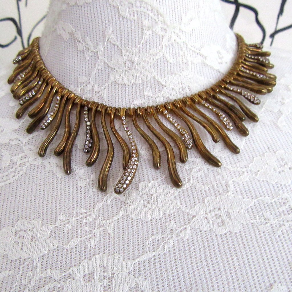 Fringed Brass & Rhinestone Necklace Choker